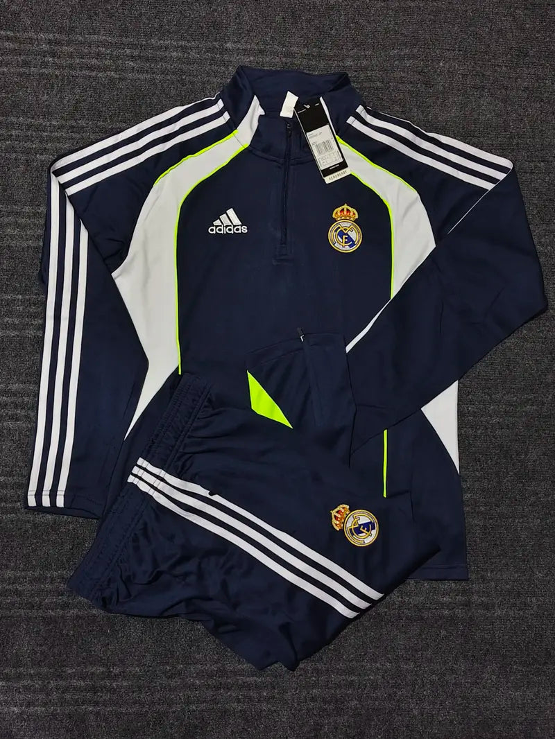 REAL MADRID NAVY BLUE AND NEON 4 STIRIPES 2025/26 OFFICIAL TRACKSUIT
