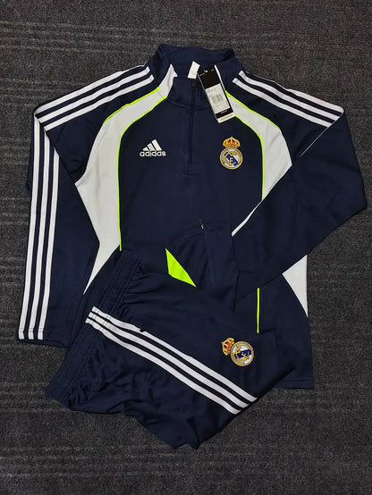 REAL MADRID NAVY BLUE AND NEON 4 STIRIPES 2025/26 OFFICIAL TRACKSUIT