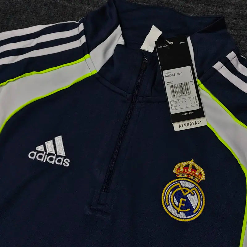 REAL MADRID NAVY BLUE AND NEON 4 STIRIPES 2025/26 OFFICIAL TRACKSUIT