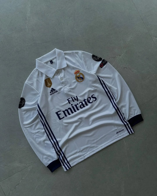 REAL MADRID RETRO 2016-17 HOME KIT COLLAR FULL SLEEVE RONALDO (EMBROIDERY LOGOS)